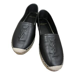 YSL Saint Laurent Black Nappa Leather Espadrilles Flat Shoes Logo